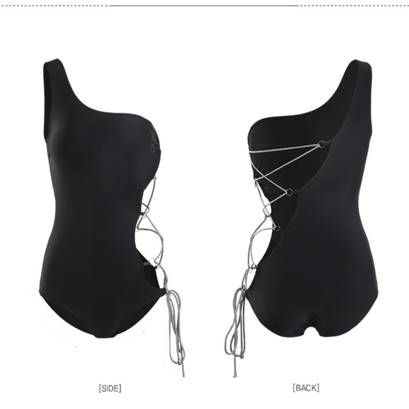 Vixen One-Piece Swimsuit | Black One-Shoulder Cutout Rope-Tie Bathing Suit - Picture 6 of 7